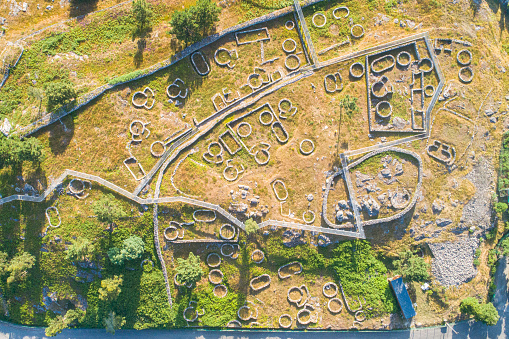 Aerial drone view of the archaeological site of the Citania of Santa Luzia, ruins of a hillfort in Viana do Castelo.