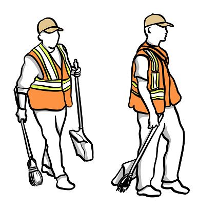 City workers wearing safety vests and doing maintenance by cleaning the streets with brooms