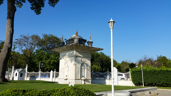 Istanbul, Turkey. July 31, 2019.Küçüksu Mihrişah Sultan Fountain or Küçüksu Kasrı Fountain is located in Küçüksu, on Küçüksu Street. The fountain, which is located in the Küçüksu Pavilion, was built by Sultan III in 1806. It was built by Selim Khan on behalf of his mother Mihrişah Sultan.