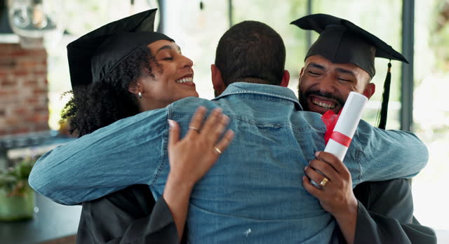 Graduation, students and couple of friends hugging in home with phone for celebration or memory. Education, photograph and smile with people embracing for university achievement or success together