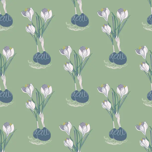 Vector illustration of Floral seamless pattern. Trendy botanical background with crocuses. Spring flowers arrangement. Retro style print. Hand drawn vector illustration.