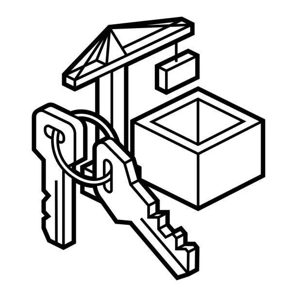 Vector illustration of Image of crane and keys. Real estate illustration in isometry style.