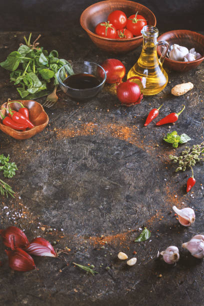 istock Vertical culinary background with copy space for text. Olive oil and vegetables 2147628012