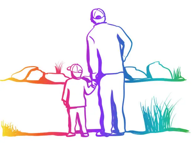 Vector illustration of My Father & My Son At The Pond Rainbow