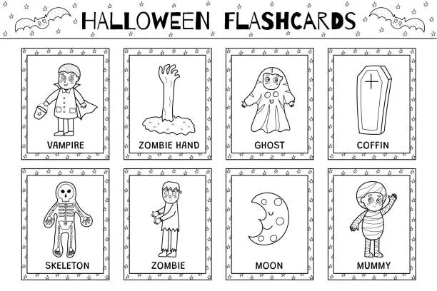 Vector illustration of Halloween flashcards black and white collection for kids. Flash cards set in outline  with cute spooky characters