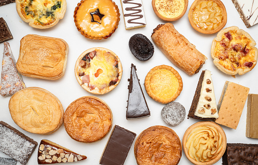 Table top view of variety of bakery food.