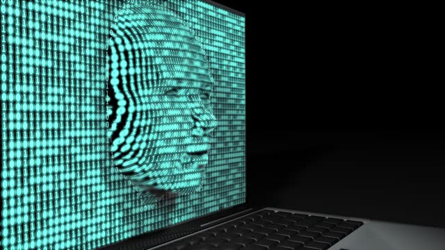Binary Code Face of Artificial Intelligence on Laptop Screen
