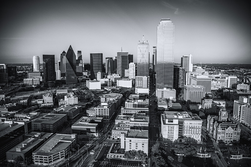 Beautiful downtown Dallas, Texas shot via helicopter from an altitude of about 500 feet at dusk on an early spring evening.