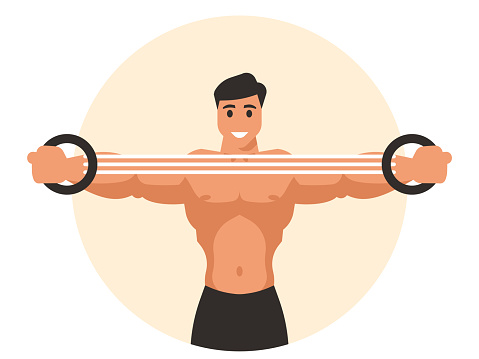 Athlete trains with chest expander. Bodybuilder goes in for sports. Vector graphics