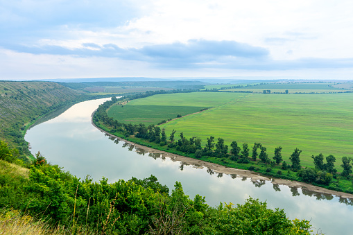 Landscape with canyon, forest and a river in front. Dniester River. Ukraine