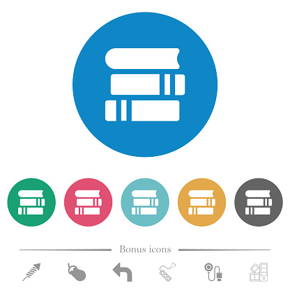 Stack of books solid flat white icons on round color backgrounds. 6 bonus icons included.