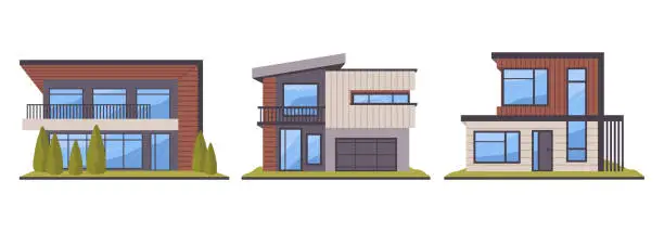 Vector illustration of Modern villas architecture. Modern suburban residential buildings, real estate contemporary urban houses flat vector illustration set. Comfortable houses