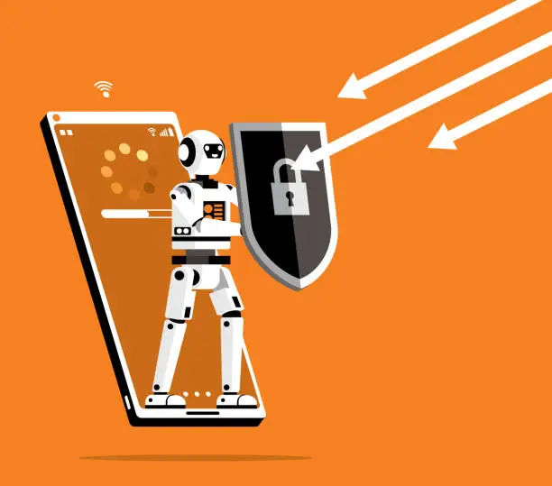 Vector illustration of Robot out from a smart phone with a shield