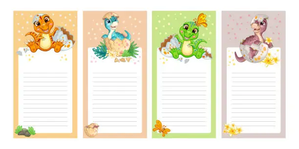 Vector illustration of Sticker design set with cute baby dinosaurs vector illustration