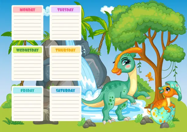 Vector illustration of Kids school schedule weekly planner with two dinosaurs vector
