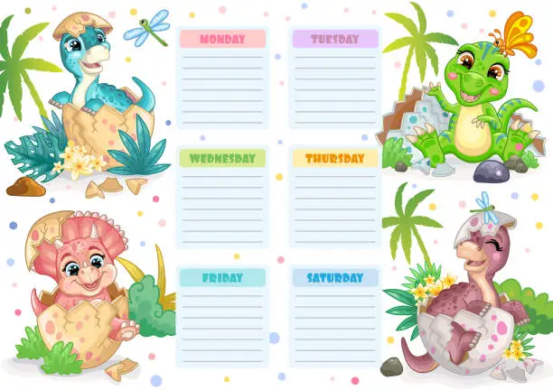 Vector illustration of Cute four dinosaurs ready to print weekly planner vector