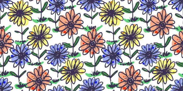 Vector illustration of Bright childish hand drawn color flowers pattern