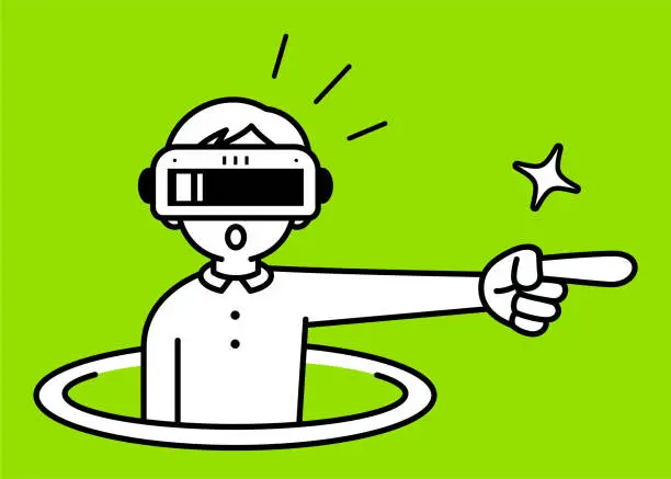 Vector illustration of A boy wearing a virtual reality headset or VR glasses pops out of a virtual hole into the metaverse, he is pointing to the viewer's right side with his index finger, looking at the viewer, with a minimalist style, black and white outline