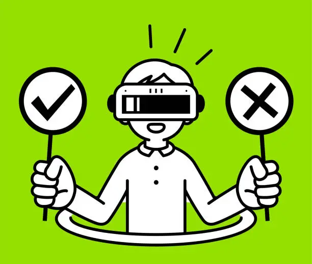 Vector illustration of A boy wearing a virtual reality headset or VR glasses pops out of a virtual hole into the metaverse, he is holding Right and Wrong Signs, true-false questions, and yes-no questions, looking at the viewer, with a minimalist style, black and white outline