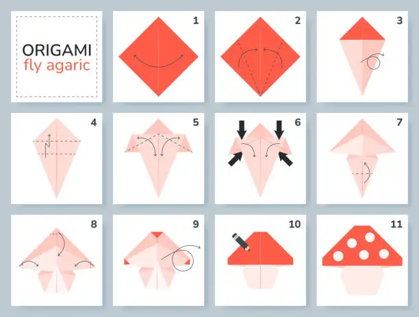 Vector illustration of Origami tutorial for kids. Paper mushroom.