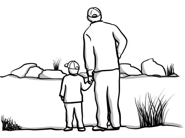 Vector illustration of My Father & My Son At The Pond Sketch