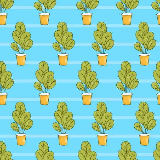 Vector illustration of Seamless pattern with indoor plants in flowerpots on blue striped background. Vector illustration