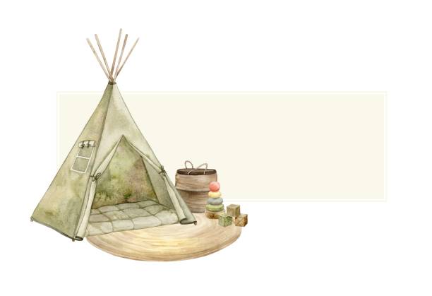 istock Watercolor rectangular frame with elements of a children's room, wigwam, basket and children's toys. Isolated hand drawn illustration for children's interior, cards, stickers, textiles, design. 2147647859