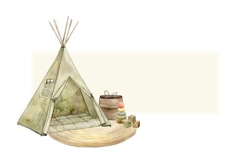 Watercolor rectangular frame with elements of a children's room, wigwam, basket and children's toys. Isolated hand drawn illustration for children's interior, cards, stickers, textiles, design