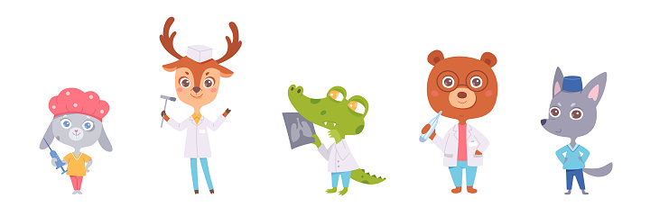 Cartoon animal doctors vector set. Funny cute smiling different animals with medical tools, stethoscope and syringe. Fun design for school, kindergarten, children, pediatric clinics and hospitals.
