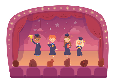 Graduation awards ceremony vector illustration. Cartoon scene of celebration with children in gowns and graduate caps, diverse boys and girls standing on stage of school theater and holding diplomas