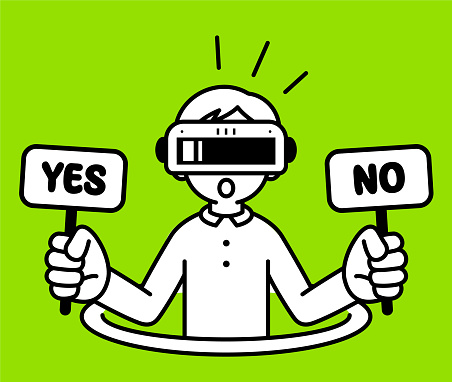 Minimalist Style Characters Designs Vector Art Illustration.
A boy wearing a virtual reality headset or VR glasses pops out of a virtual hole and into the metaverse, he is holding a Yes sign and a No sign, looking at the viewer, with a minimalist style, black and white outline.