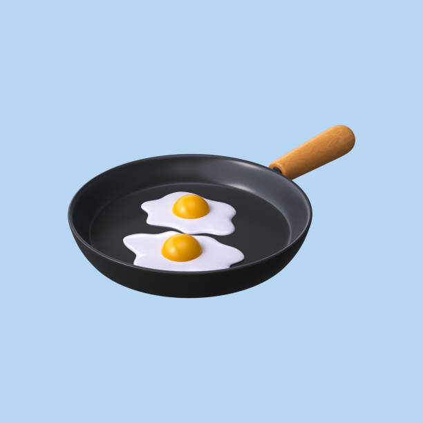 Healthy breakfast 3d boiled eggs in a frying pan. 3d render stock photo