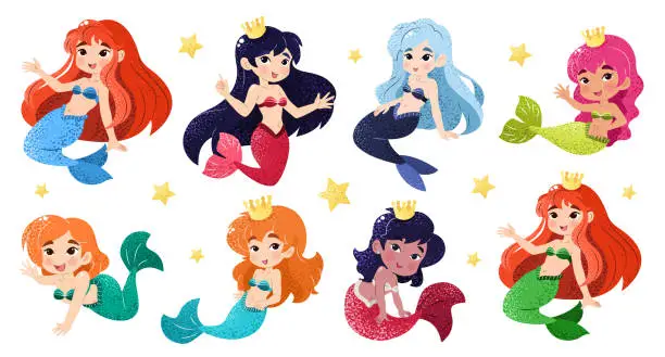 Vector illustration of Bundle with isolated kawaii mermaids. Clip art.