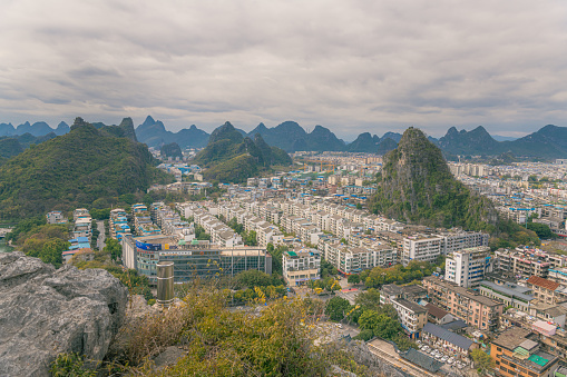 aerial view of Guilin town with sunset glow ,beautiful karst mountain scenery,China