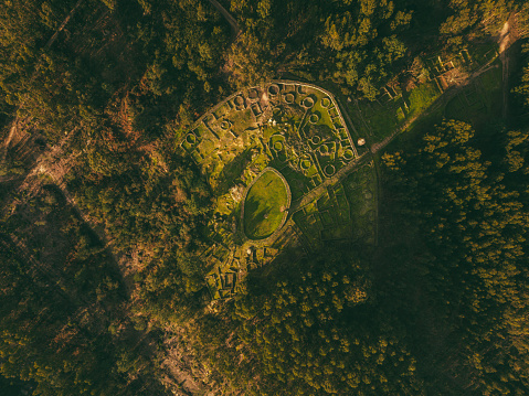 Ancient ruins of Monte Mozinho in Portugal as seen by a bird.