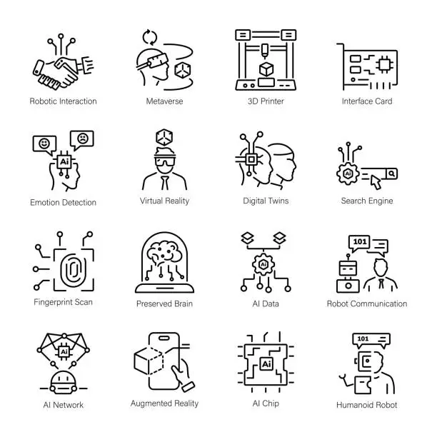 Vector illustration of Bundle of 16 AI Technology Linear Icons