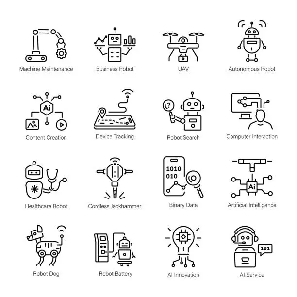 Vector illustration of Bundle of AI and Robotics Linear Icons