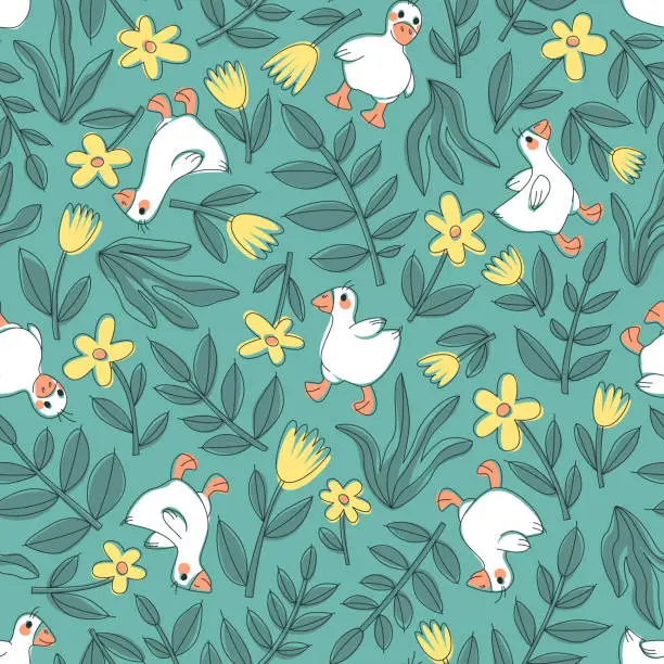 Vector illustration of Seamless pattern for baby fabrics with cute goslings, beautiful flowers and leaves