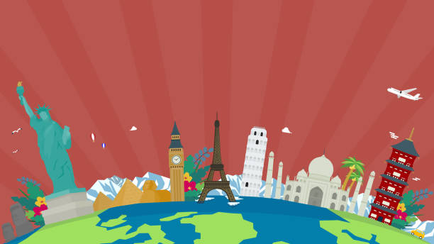 istock Travel ad background template decorated with world heritage sites of various countries and the earth (red) 2147654381