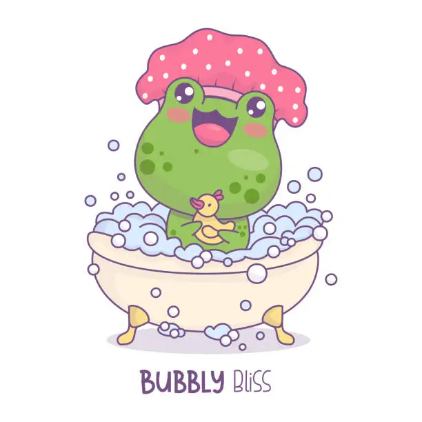 Vector illustration of Smiling frog in shower cap bathes in bath with foam and rubber duck toy. Cute cartoon kawaii animal character. Vector illustration. Kids collection. Funny postcard water treatments in bathroom.