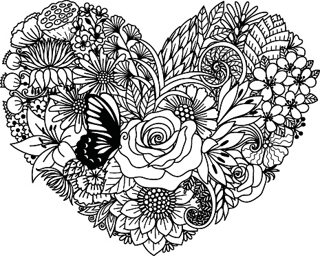 Various flowers in heart shape, for paper cut, laser cut, card making, coloring page and so on. Vector illustration.