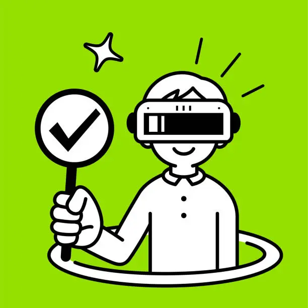 Vector illustration of A boy wearing a virtual reality headset or VR glasses pops out of a virtual hole and into the metaverse holding a sign with a Tick symbol that means 