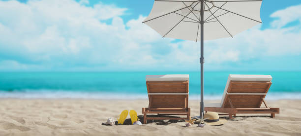 Background of beach chairs with clear sky and sea. 3d rendering