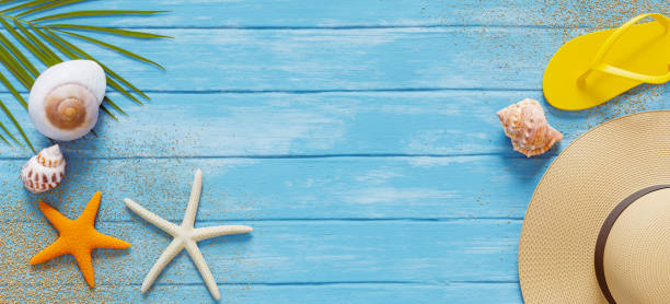 istock Flat lay background with seashells and hats for summer vacation concept. 3d rendering 2147656966