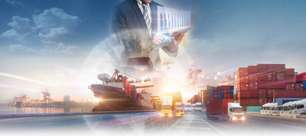 istock Businessman holding virtual interface panel of global logistics network distribution and transportation, Smart Global Logistics international delivery concept, World map with logistic network distribution on background 2147658703