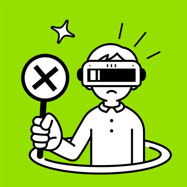 Vector illustration of A boy wearing a virtual reality headset or VR glasses pops out of a virtual hole and into the metaverse holding a sign with a cross symbol that means 