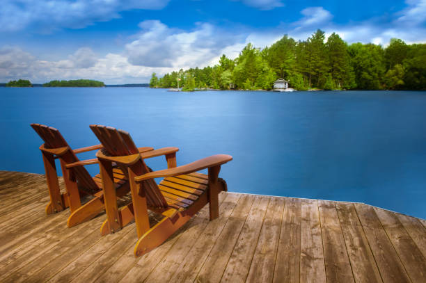 istock Two Adirondack chairs facing calm lake 2147663062