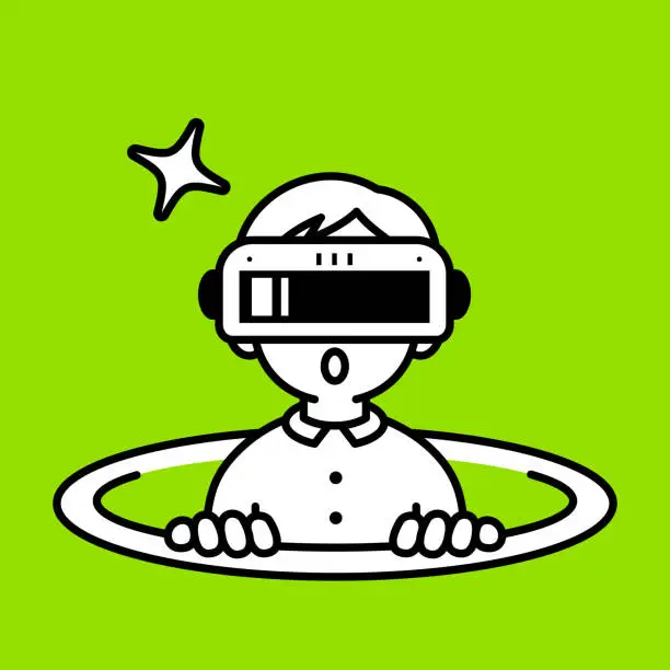 Vector illustration of A boy wearing a virtual reality headset or VR glasses pops out of a virtual hole and into the metaverse, peeking or looking at the viewer, minimalist style, black and white outline