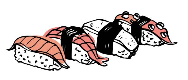 illustrazioni stock, clip art, cartoni animati e icone di tendenza di set di nigiri di sushi vettoriali disegnati a mano doodle vista laterale isolata su sfondo bianco - sushi nigiri white background red