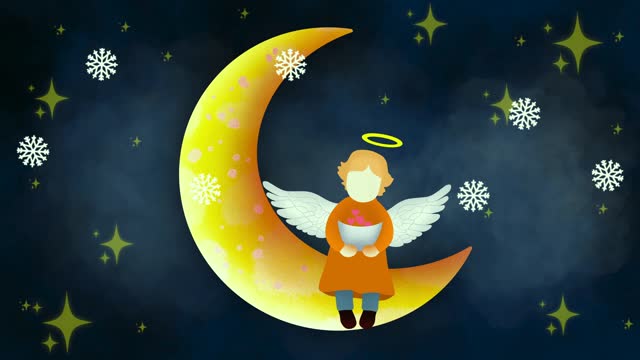 angel sitting on a crescent moon Her wings gracefully surround her, She holds a cup full of heart and love